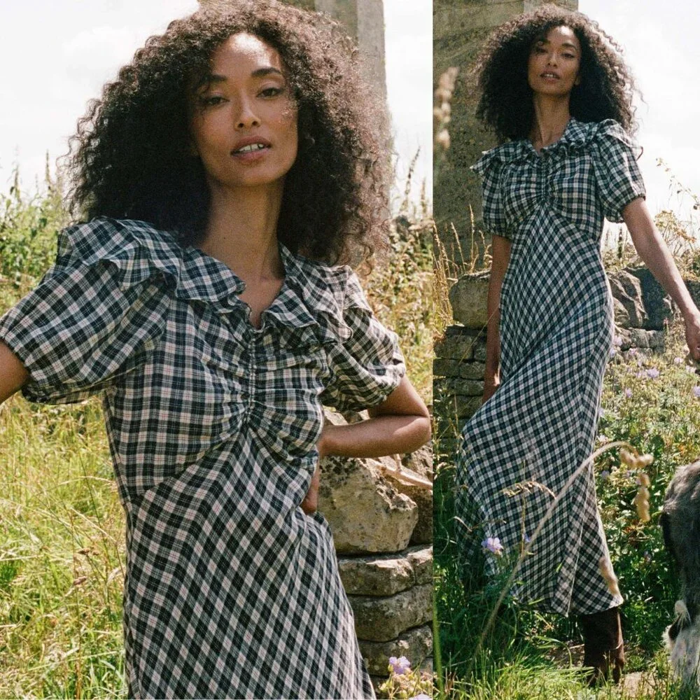 Doen Gwyneira Navy Countryside Plaid Ruffle Cotton Midi Dress Size L - Picture 1 of 9